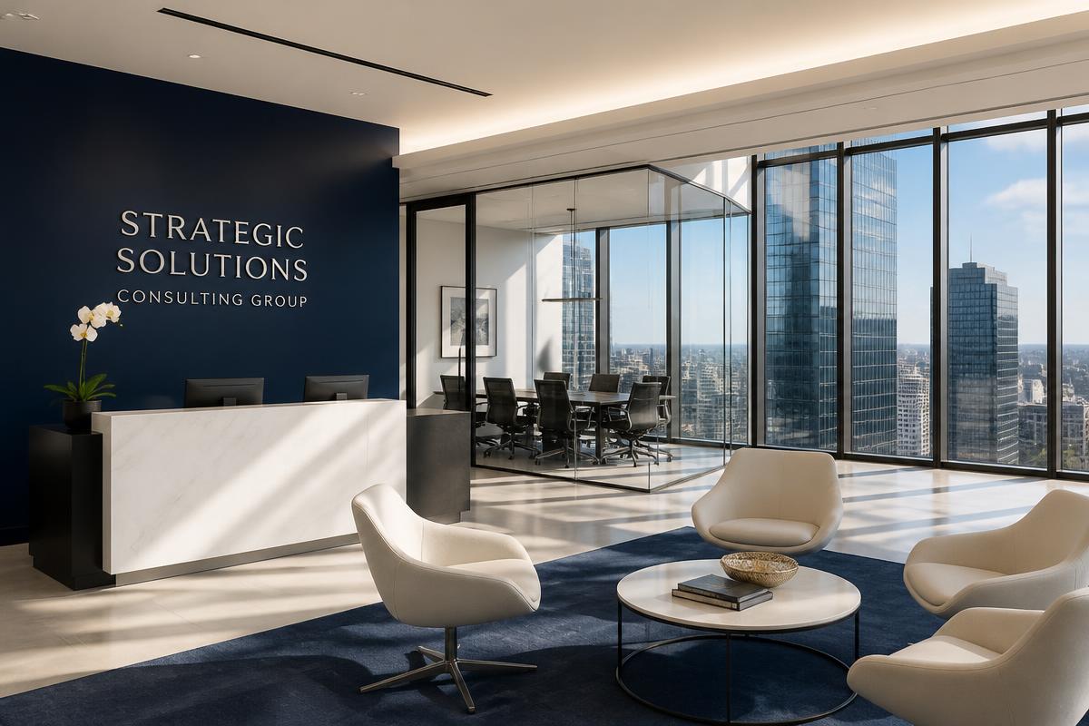 Modern Nahlix Consulting office with city skyline views